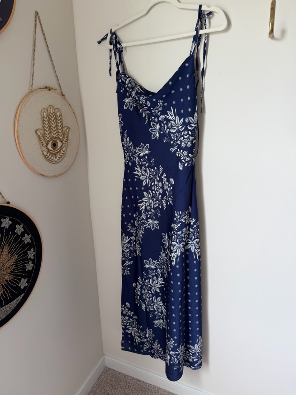 blue white Floral Tie-Shoulder Spaghetti strap Midi Dress